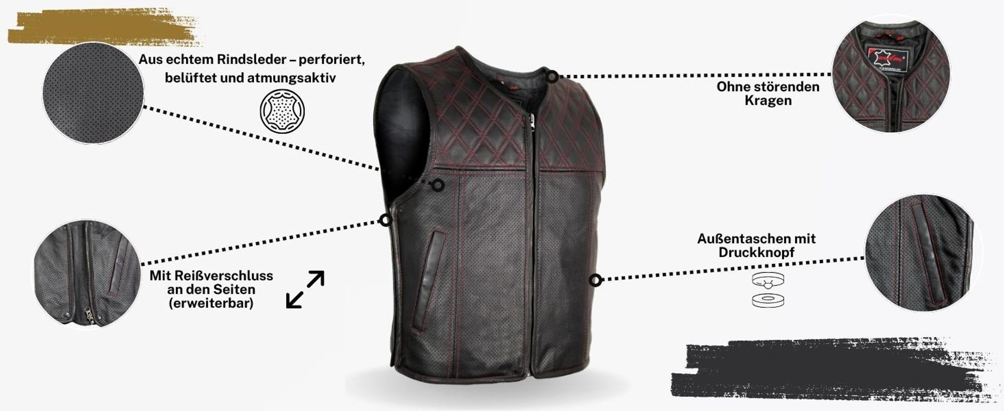 Herren Biker Hunter Stepp Lederkutte Lederweste Motorrad Custom Kutte Perforiert(2XL)