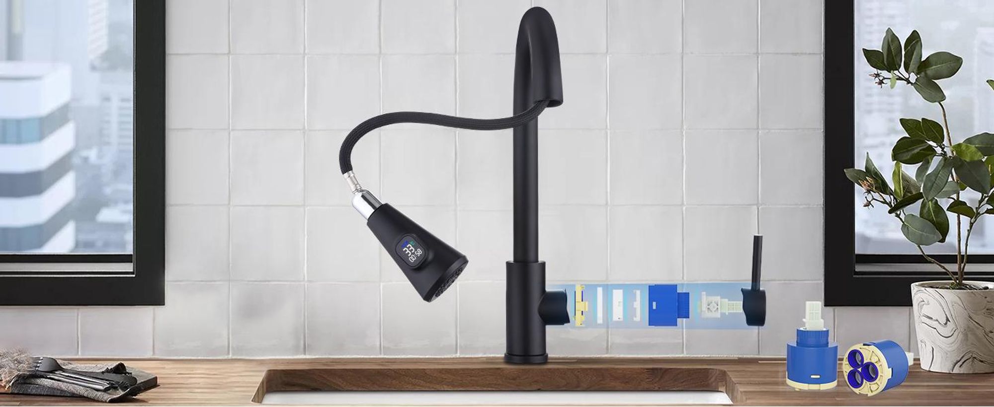 Homelody Wasserhahn Küche mit 2 Strahlarten,360° Drehbar Küchenarmatur,Edelstahl Spültischarmatur,Hochdruck Armatur,Mischbatterie Küche Schwarz