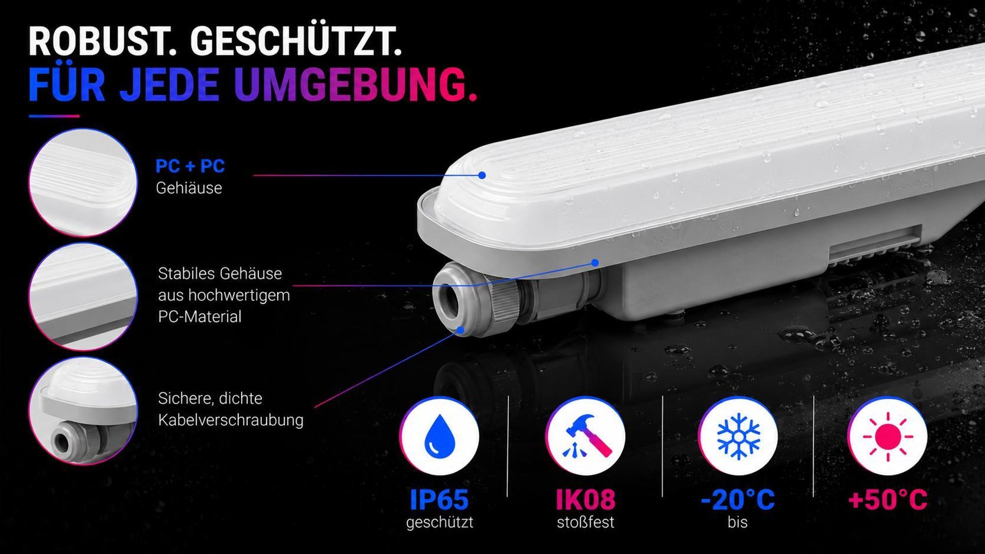XUDO LED Feuchtraumleuchte 120 cm 36W 4320 lm 4000K IP65 IK08 grau