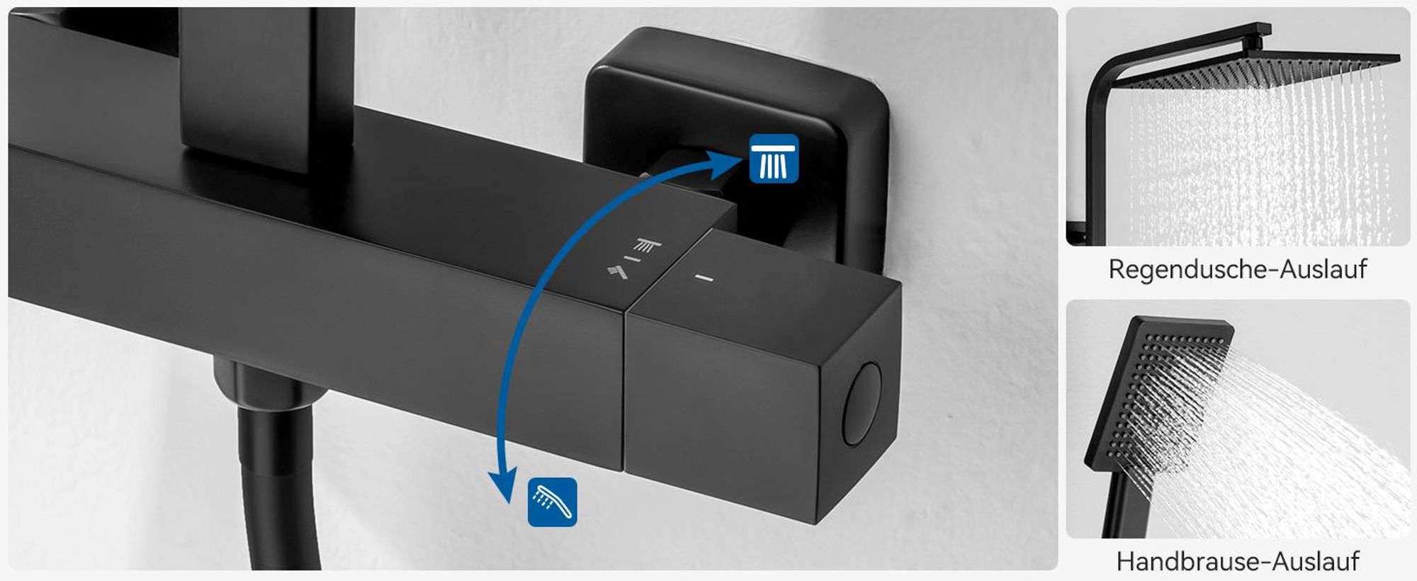Auralum Duschsystem mit 38 °C Thermostat Duscharmatur Regendusche Duschset Dusch mit Handbrause, Schwarz