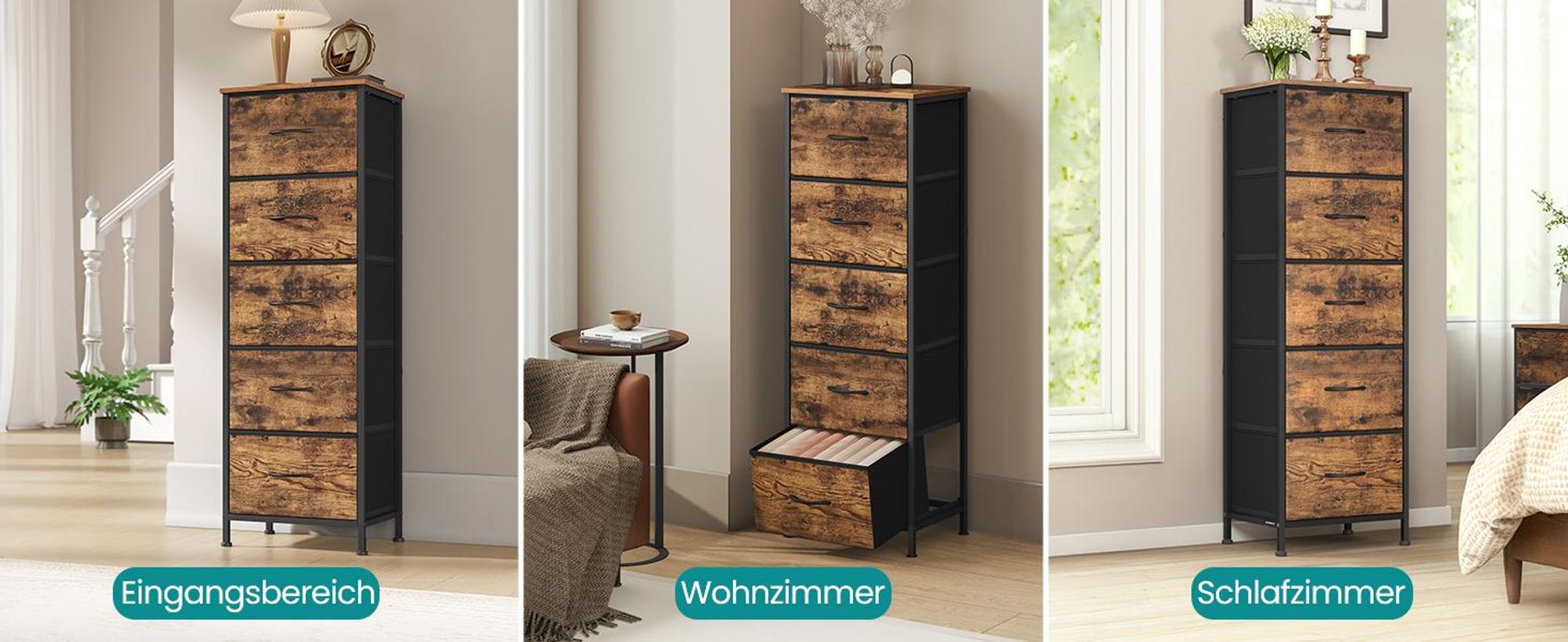 SONGMICS Kommode, Schrank, 5 Stoffschubladen, für Schlafzimmer, Flur, Wohnzimmer, braun-schwarz