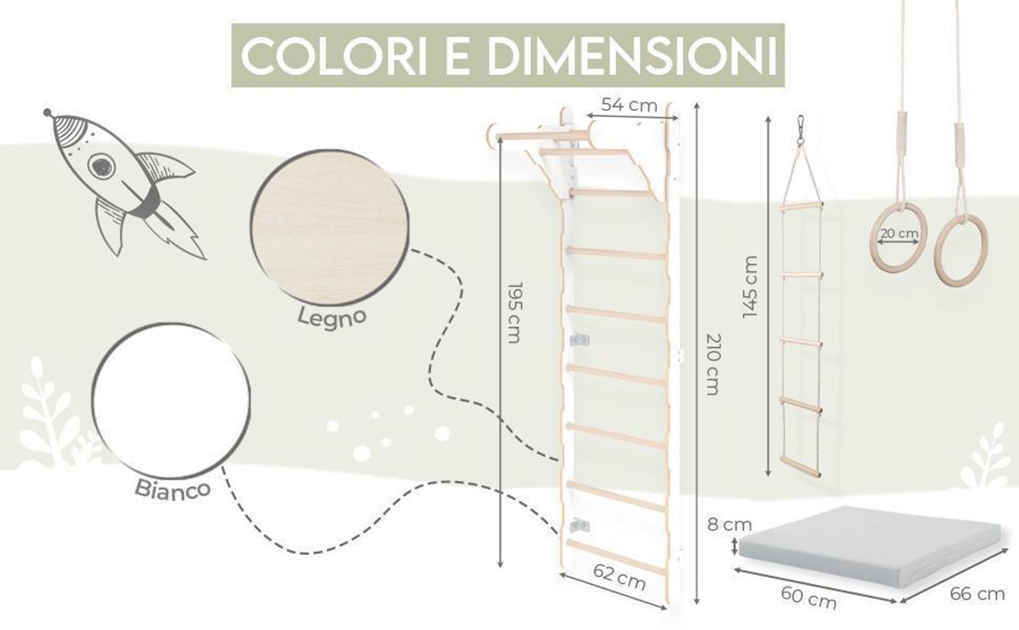 Scala da ginnastica per bambini (210 cm) | Scala da parete in legno | Struttura da arrampicata per bambini | Ruote da ginnastica | Materassino protett
