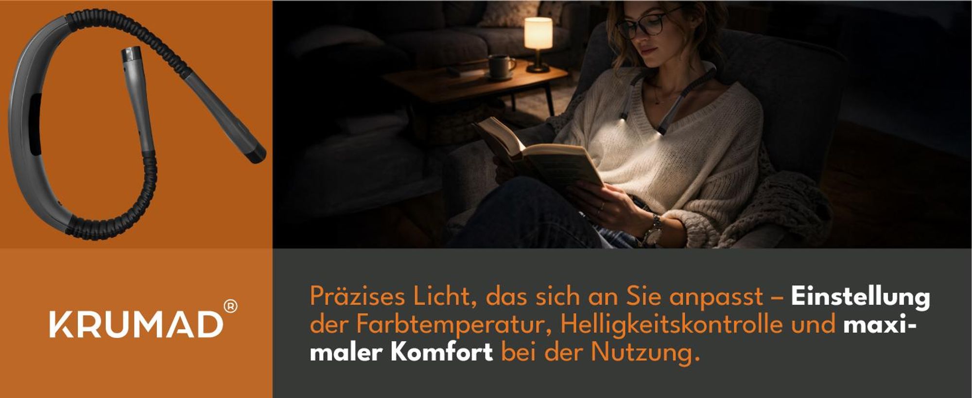 KRUMAD LED Leselampe Hals, Wiederaufladbare Nackenlampe mit 3 Lichtmodi, Flexibel & Augenschonend, Buchlampe für Bett, Lesen & Reisen