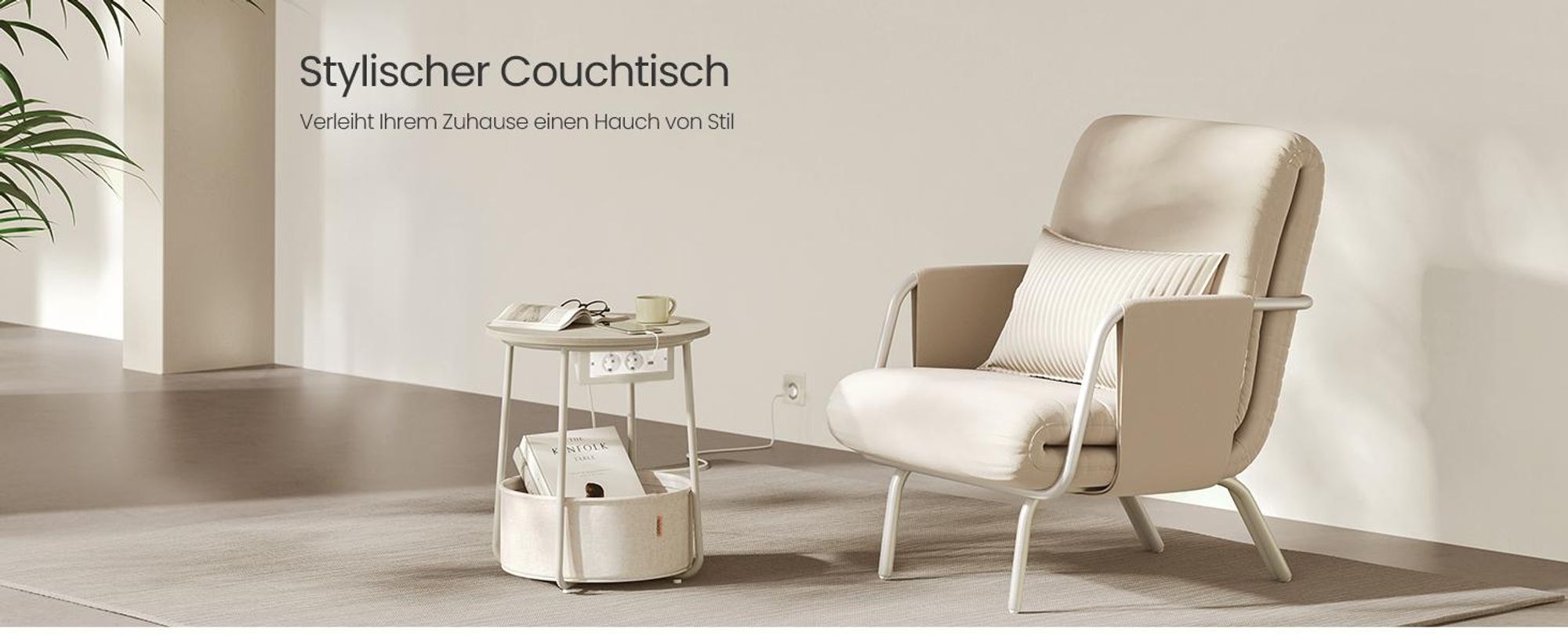 Runder Beistelltisch, kleiner Couchtisch, mit Korb aus Stoff, modern, beige-weiß