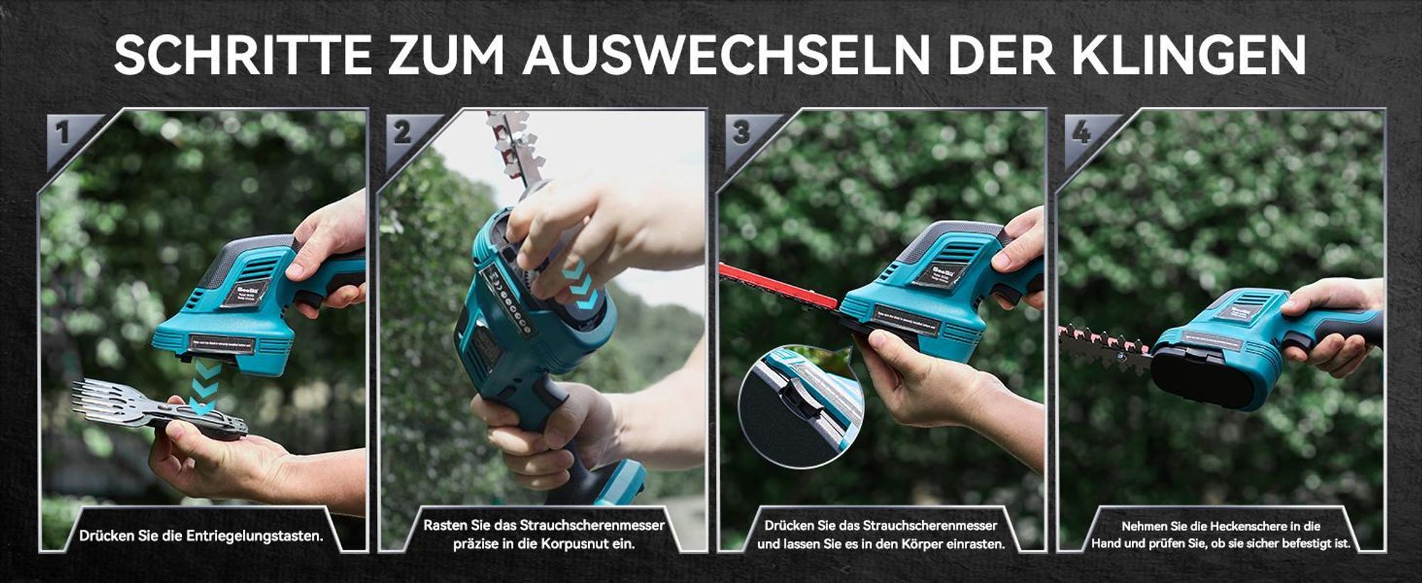 Akku Heckenschere, Elektrische Heckenschere, Heckenschere kabellos, Grasschere mit Akku und Ladegerät