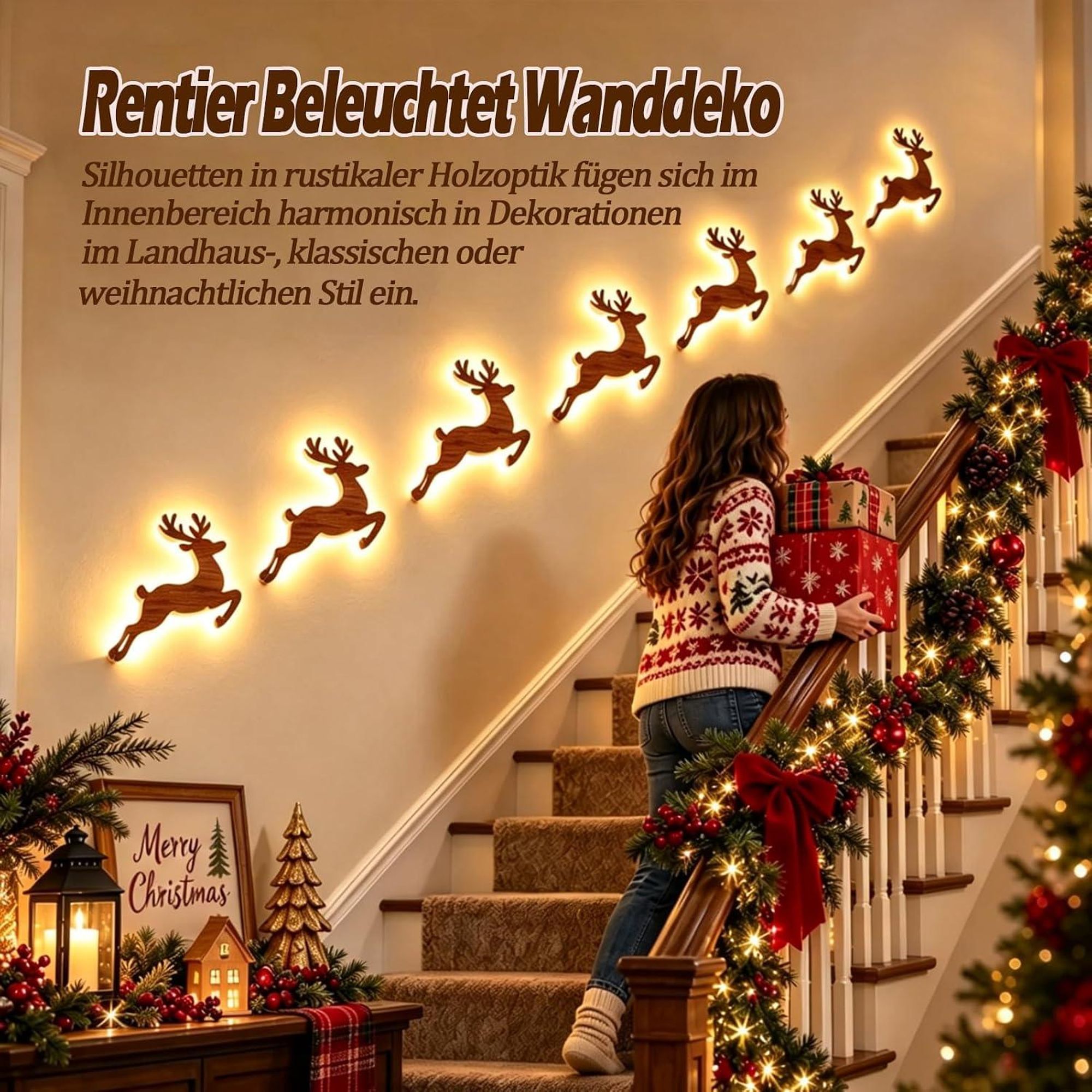 Weihnachtsdeko,3D Selbstklebende Weihnachtliche Wanddeko(Style B)Weihnachtsbeleuchtung aus Holz,Heimdekoration Rentier Wanddekoration für Wohnzimmer