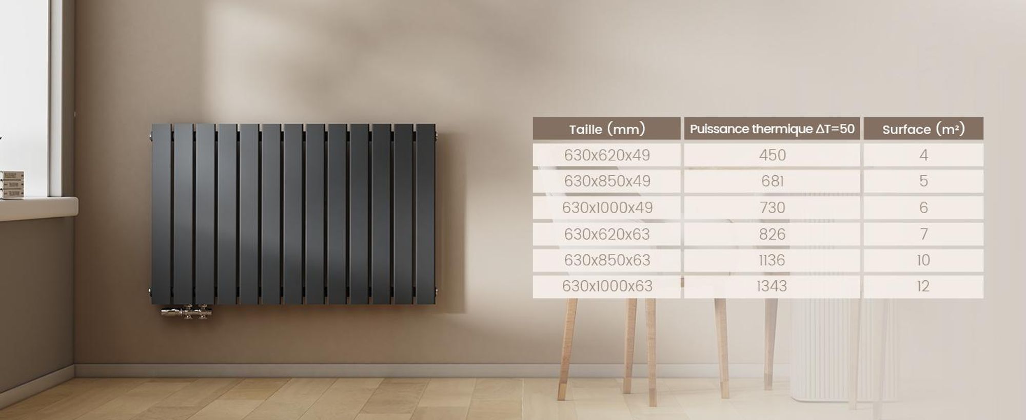 EMKE radiateur horizontal design panneau 630×1000 mm, anthracite plat simple, raccord latéral, 730 W, sans élément chauffant sans thermoplongeur