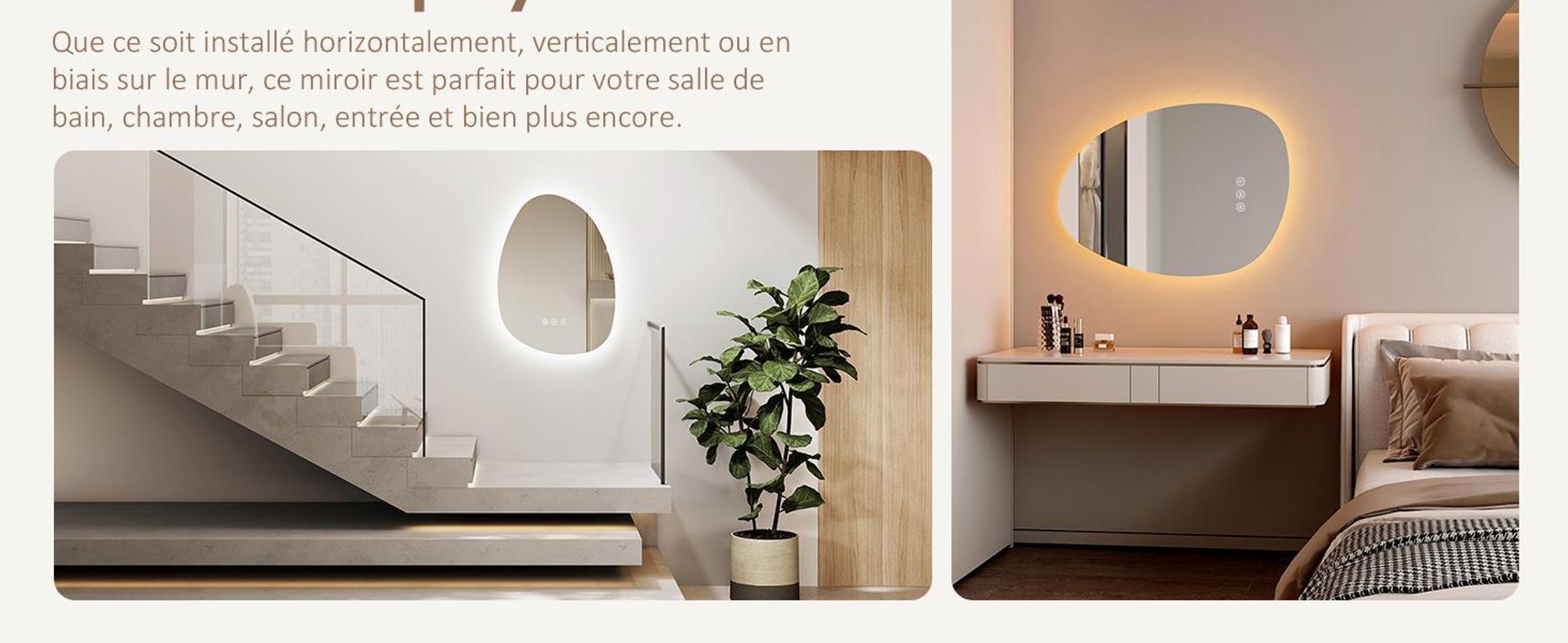 EMKE Miroir de salle de bain avec éclairage 75 x 55 cm Miroir de salle de bain à intensité variable avec 3 couleurs de lumière, miroir de salle de bain asymétrique avec antibuée, interrupteur tactile