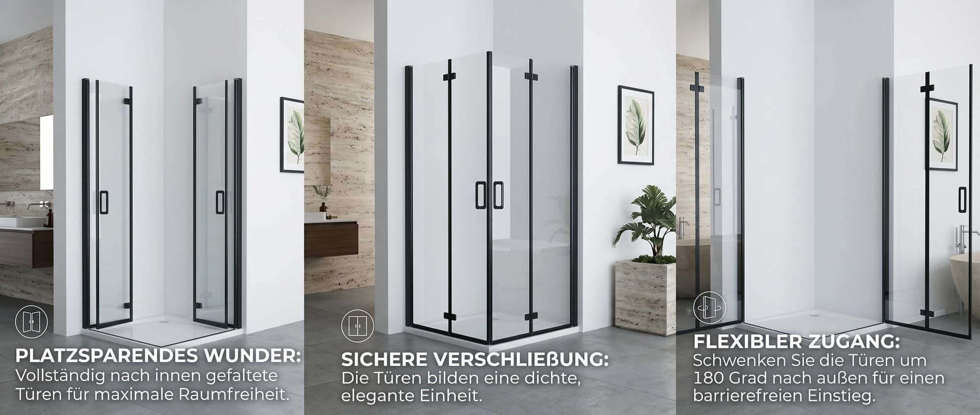 MIQU Duschkabine 90x80 x185 cm Eckeinstieg Falttür 180º Pendeltür Glas Duschwand für Dusche mit Matt Schwarz Rahmen ESG Sicherheitsglas Faltbar