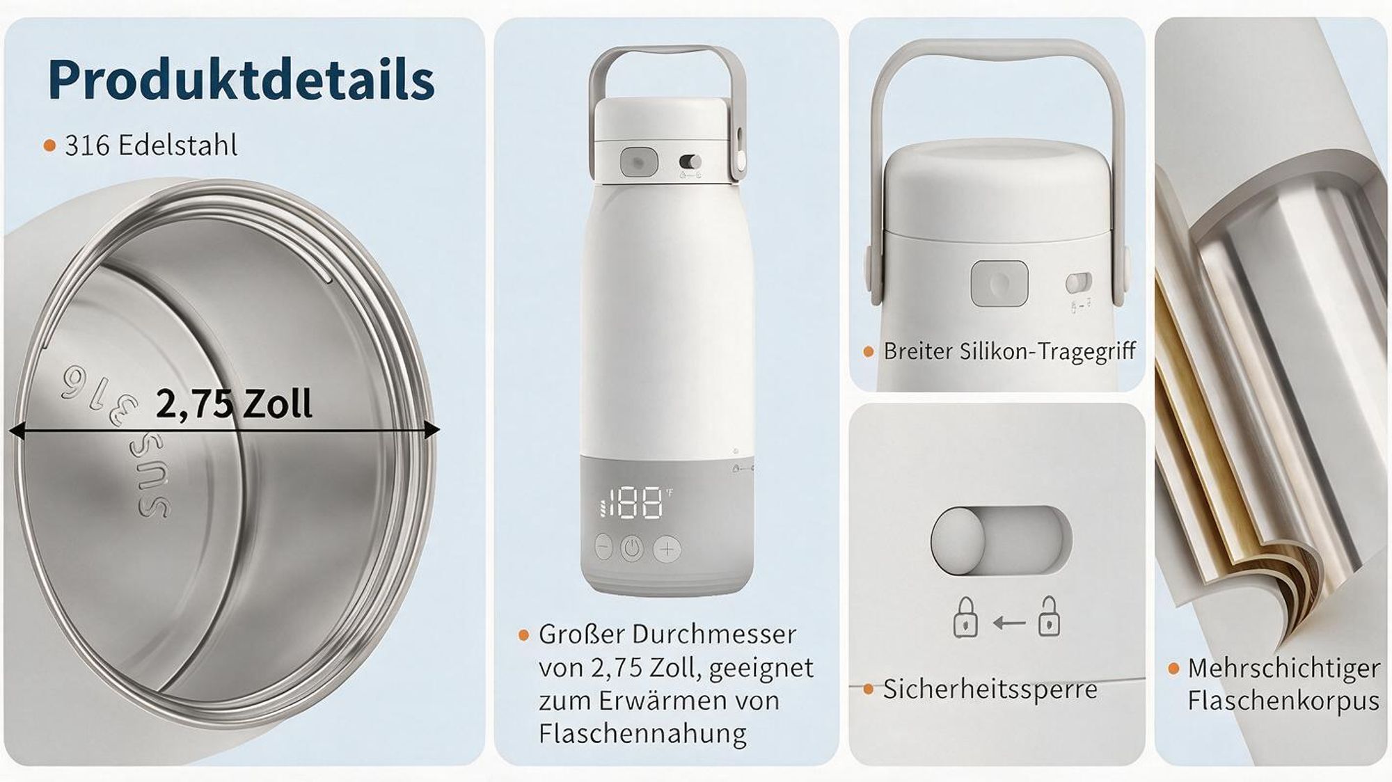 Tragbarer Babyflaschenwärmer für unterwegs, Flaschenwärmmit baby 500 ml 12800 mAh Akku, 2 Minuten bis 37°C, ±1°C LED Display, USB-C, IPX7