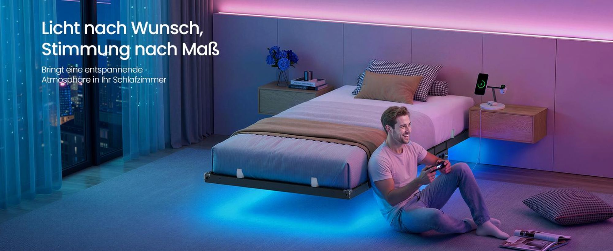 VASAGLE Bettgestell 90 x 200 cm mit LED-Beleuchtung, USB-C-Anschluss, Steckdosenleiste, Schlafzimmer, trägt bis 250 kg, schwarz