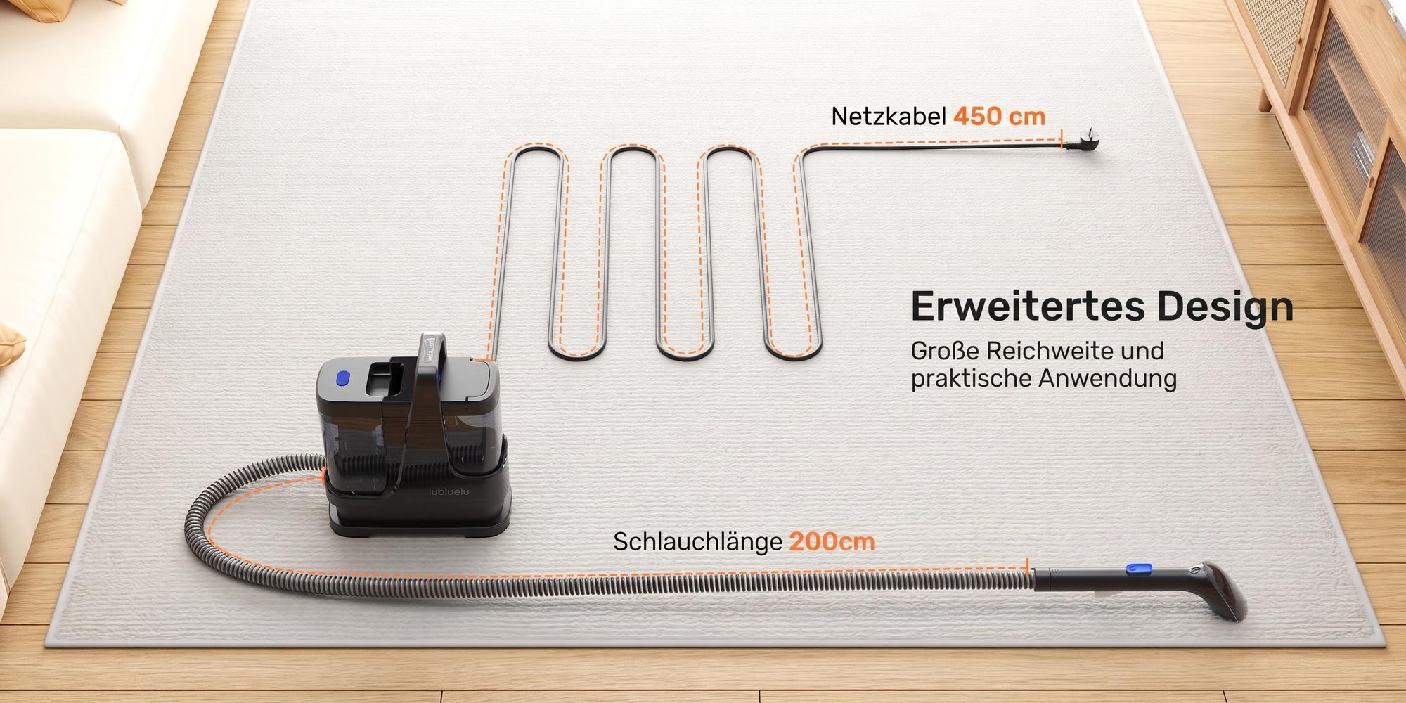 Lubluelu V9 Polsterreinigungsgerät Waschsauger mit Dampffunktion, 60 °C Warmwasser, 16500Pa, 1250W Nasssaugerfür Sofa Auto Teppiche Selbstreinigung