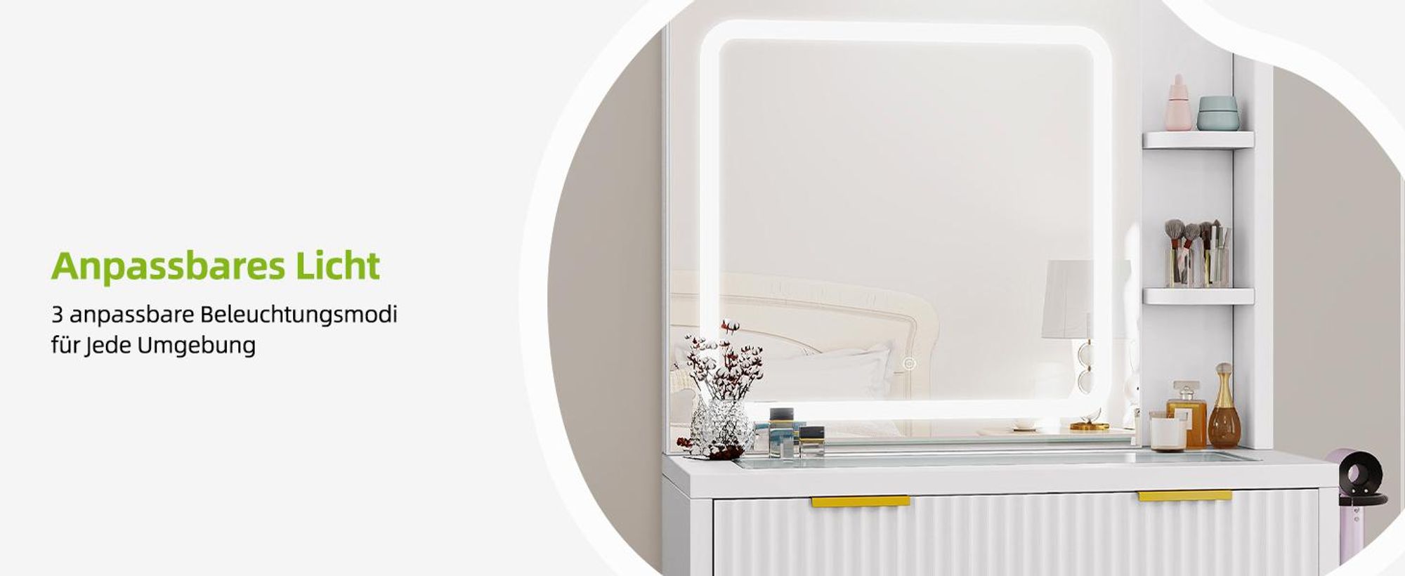 Schminktisch mit Verstellbarer LED-Beleuchtung und Steckdosen, Frisiertisch mit Transparenter Glasplatte, 1 Schubladen und 3 Facher, Weiß