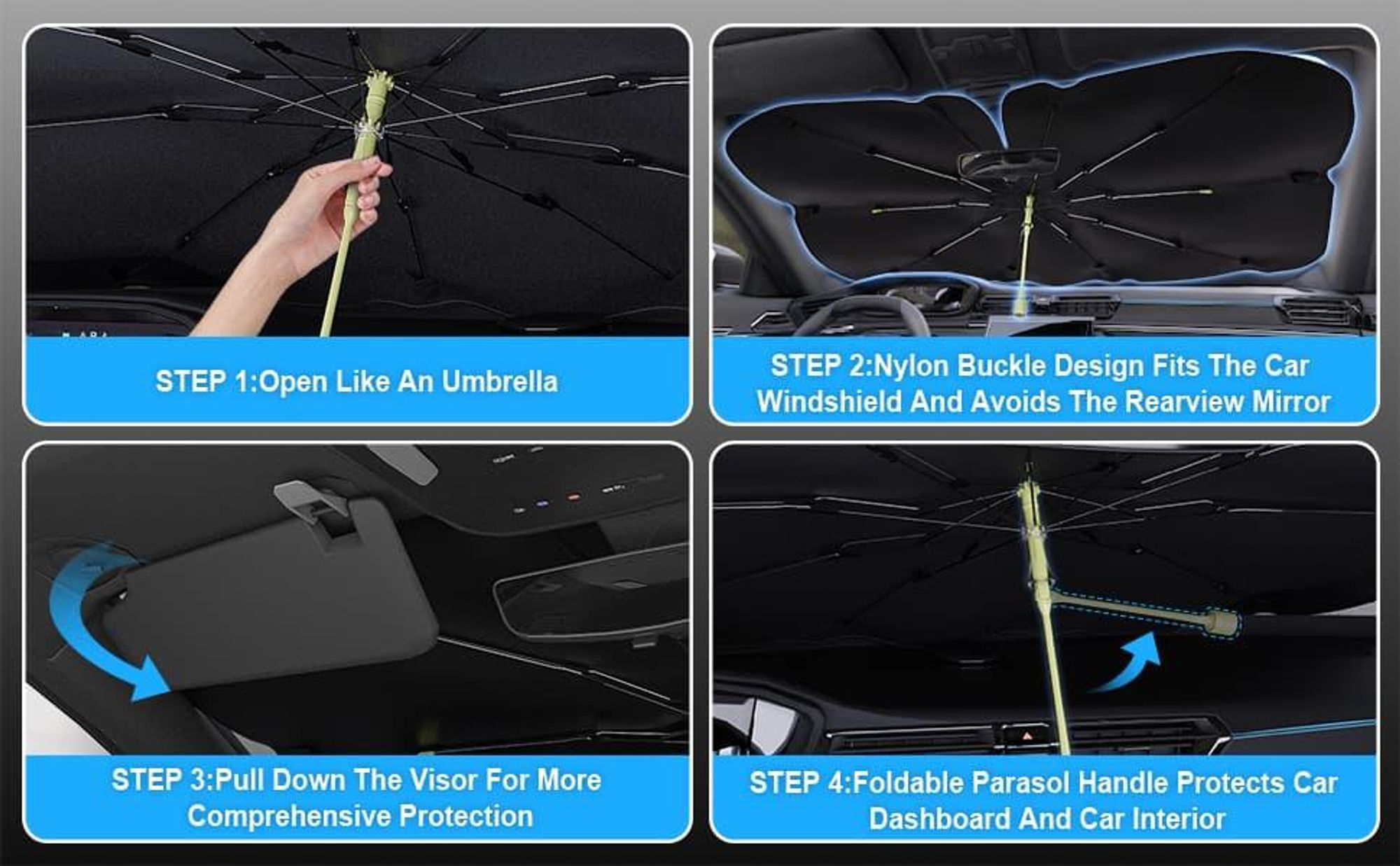 Auto Sonnenschutz Frontscheibe, 360°Drehbar, Sonnenschutz mit UV-Schutz, Sonnenschirm mit Verstellbarer Stange, für die meisten Autos SUVs, 140 x 80cm