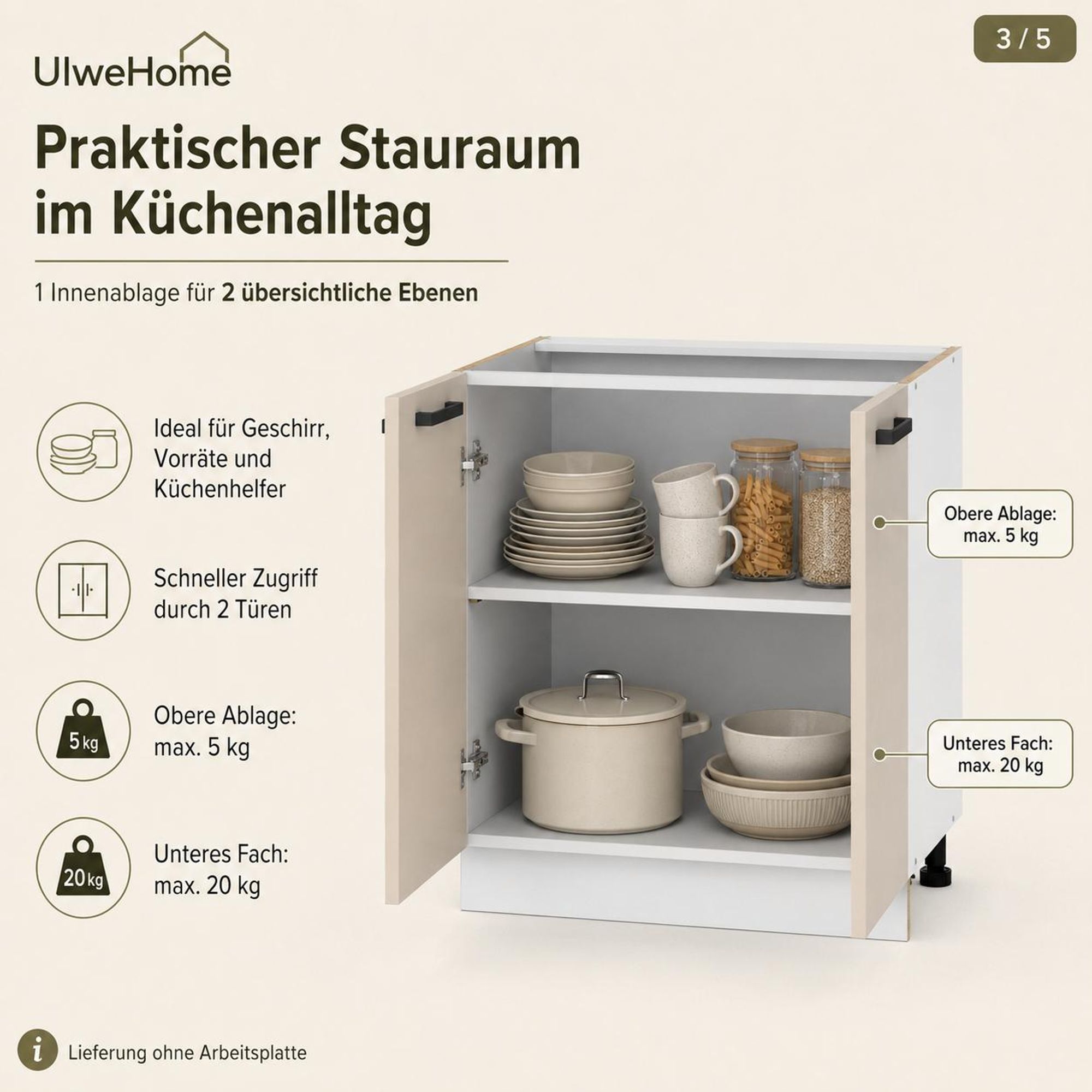 UlweHome Küchenunterschrank Kaschmir Beige: Stauraum auf 2 Ebenen mit Belastbarkeit.