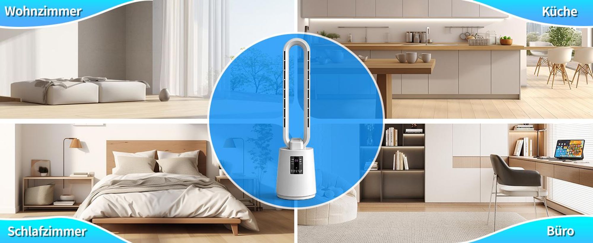 FCH Ventilator ohne Rotorblätter mit UV-Sterilisation,40W, 8-Stunden-Timer, elektronischem Touchscreen und Fernbedienung