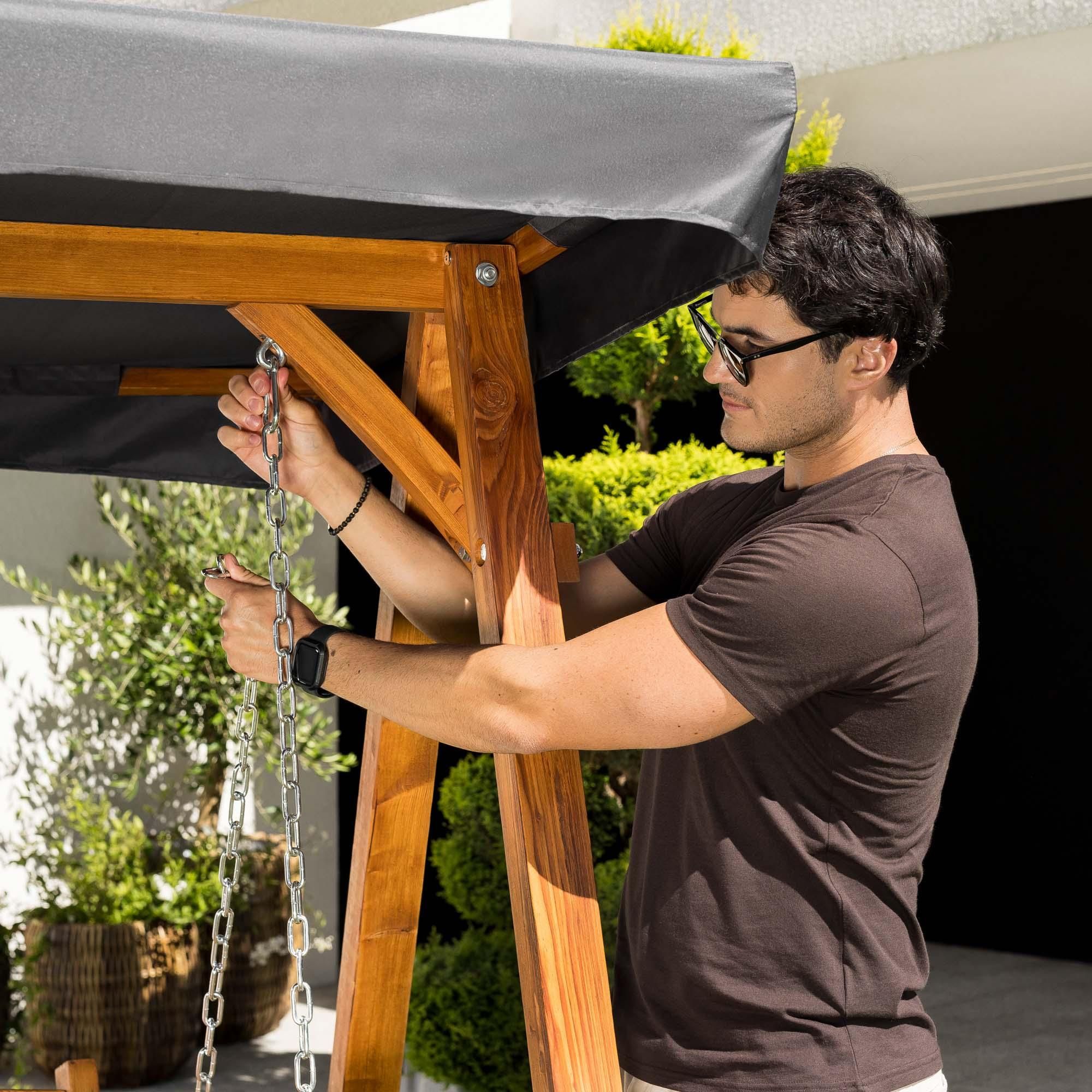 di volio Hollywoodschaukel MOLIA – robuste Gartenschaukel aus Lärchenholz mit Sonnendach und Polstern, wetterfeste Schaukelbank (Grau)