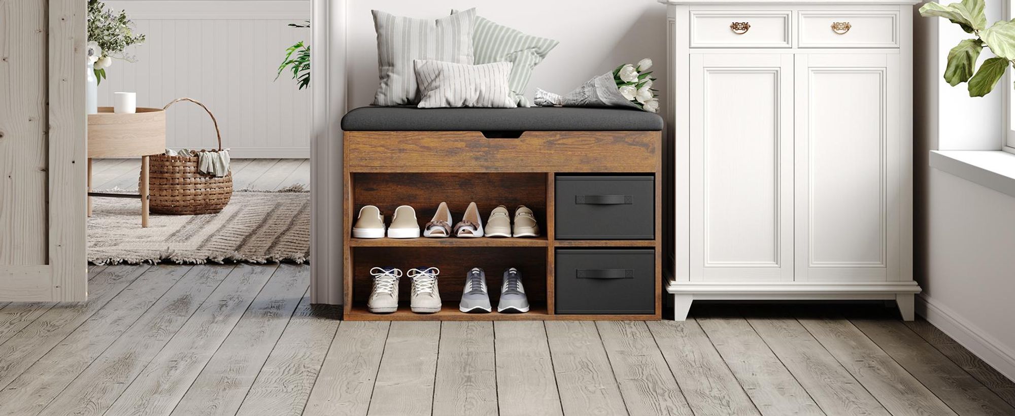 Mondeer Schuhbank mit Sitzfläche, Holzschuhablage mit Stoffschublade und Aufklappbarem Kissen, für Wohnzimmer, 80 x 48 x 30 cm, Braun & Schwarz