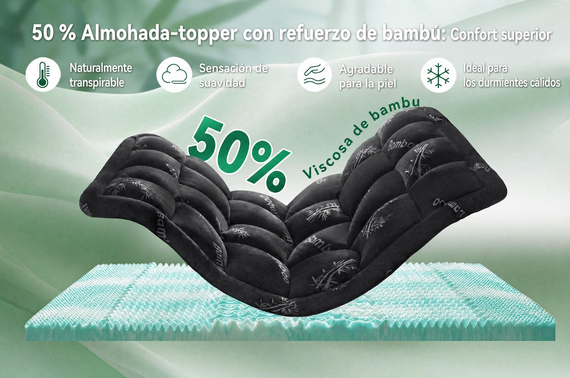 NicePlus, colchón de arriba de 2 en 1, 90x200x7 cm, espuma viscoelástica de 5 zonas + acolchado de bambú, con elásticos en las esquinas para adaptarse a todos los colchones, firmeza H2/H3, color negro