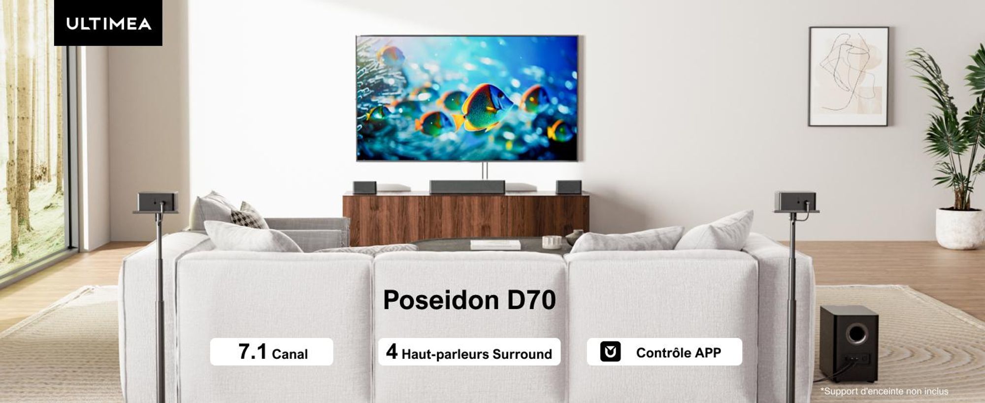 ULTIMEA 7.1 Virtual Surround Sound System pour TV, puissance de crête 410W, barre de son avec caisson de basses réglable et boîte surround, contrôle APP