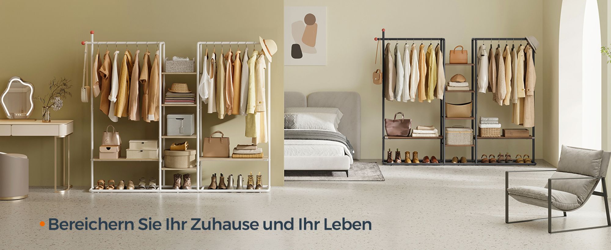 SONGMICS HOME Garderobenständer, offener Kleiderschrank, Kleiderständer, 6 Ablagen, 2 Kleiderstangen, Haken in Streichholz-Form, für Schlafzimmer