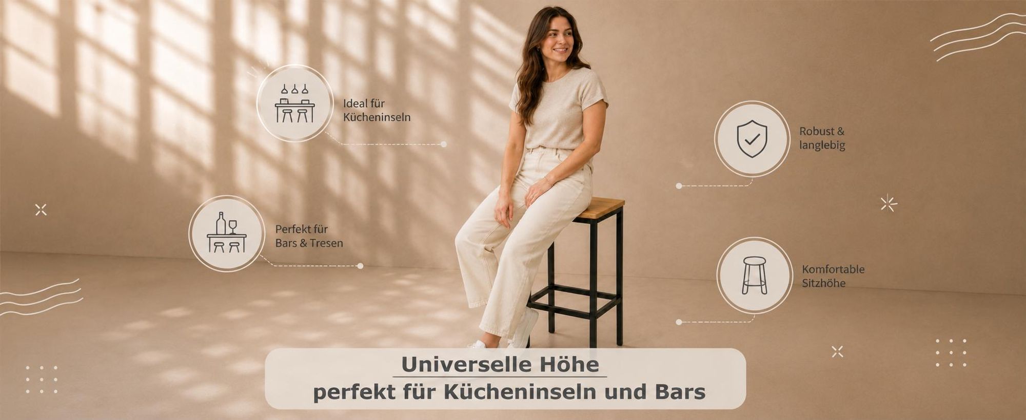BEGRYF Barhocker 2er Set 65 cm Eichefarben 40x30 cm, schwarzes Metallgestell, Küchenhocker