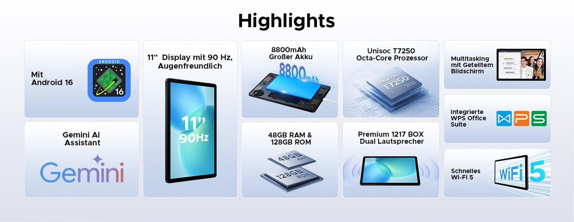 AP11 Tablet Android 16, 48GB RAM+128GB ROM/2TB, 11 Zoll 90Hz HD IPS, T7250 Octa-Core, 8800mAh, Gemini AI, Widevine L1-Tastatur, Stift, Maus und Hülle