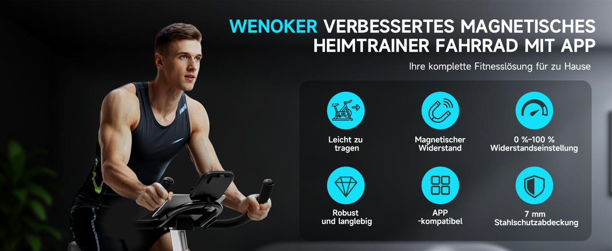 [2026 Aktualisierte] Wenoker Heimtrainer Fahrrad mit App, 0-100% Magnetwiderstand Ergometer, Schweres Schwungrad, Indoor Fitnessbikes Bis 160KG