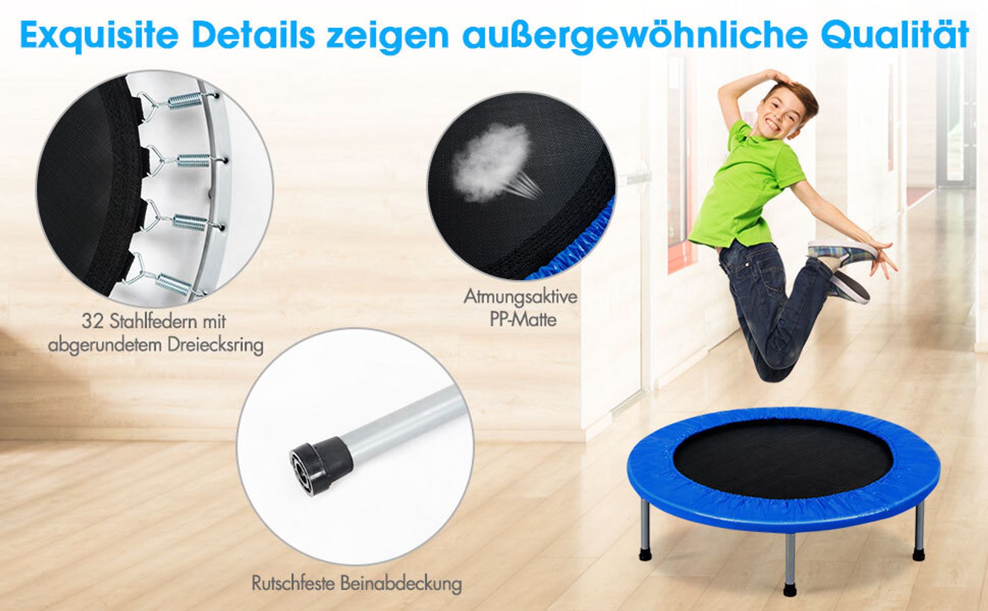 Trampolin aus Stahlrohr, Faltbares Kindertrampolin mit Tragfähigkeit von 150 kg, Fitnesstrampolin mit Rutschfesten Fußkappen, Gartentrampolin für Kinder & Erwachsene, Indoor&Outdoor