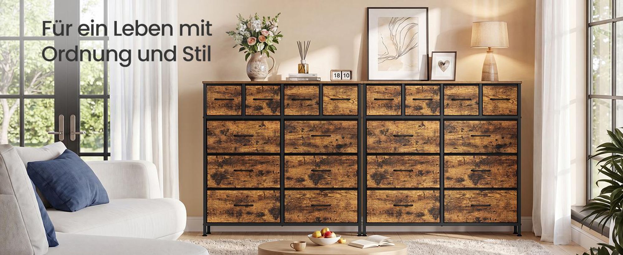 SONGMICS Kommode mit 10 Stoffschubladen, Aufbewahrungsschrank mit Metallgestell, 98,7 x 30 x 96,2 cm, Braun