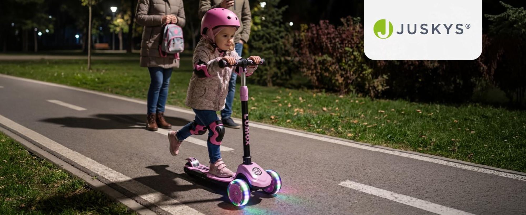JUSKYS® Kinderroller Lumox - Rosa, LED Räder, höhenverstellbarer Kinderscooter