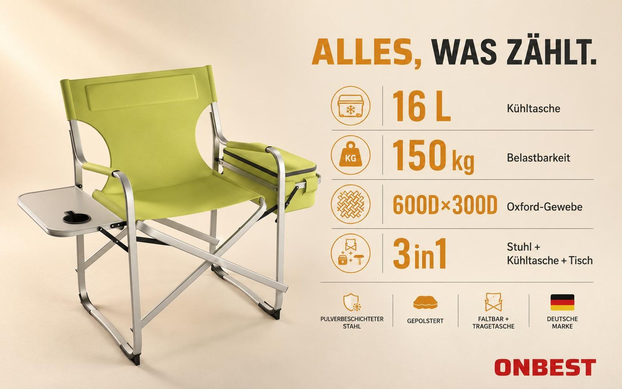 ONBEST Campingstuhl | mit 16L Kühltasche | Seitentisch | 150 kg | Getränkehalter | Oxford 600D*300D Gewebe