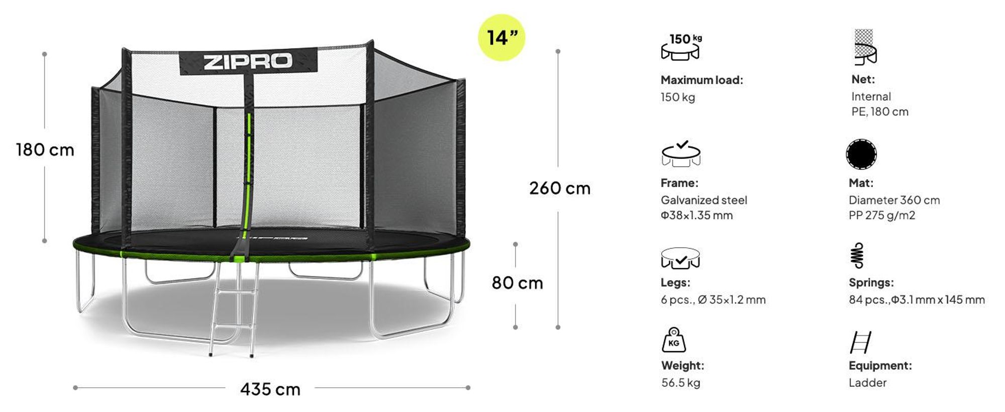 ZIPRO Trampolína Jump Pro Out | 14FT Ø 435 cm | Záhradná trampolína Detská trampolína Kompletná sada vrátane vonkajšej siete, rebríka a okrajového krytu, vonkajšia, zelená