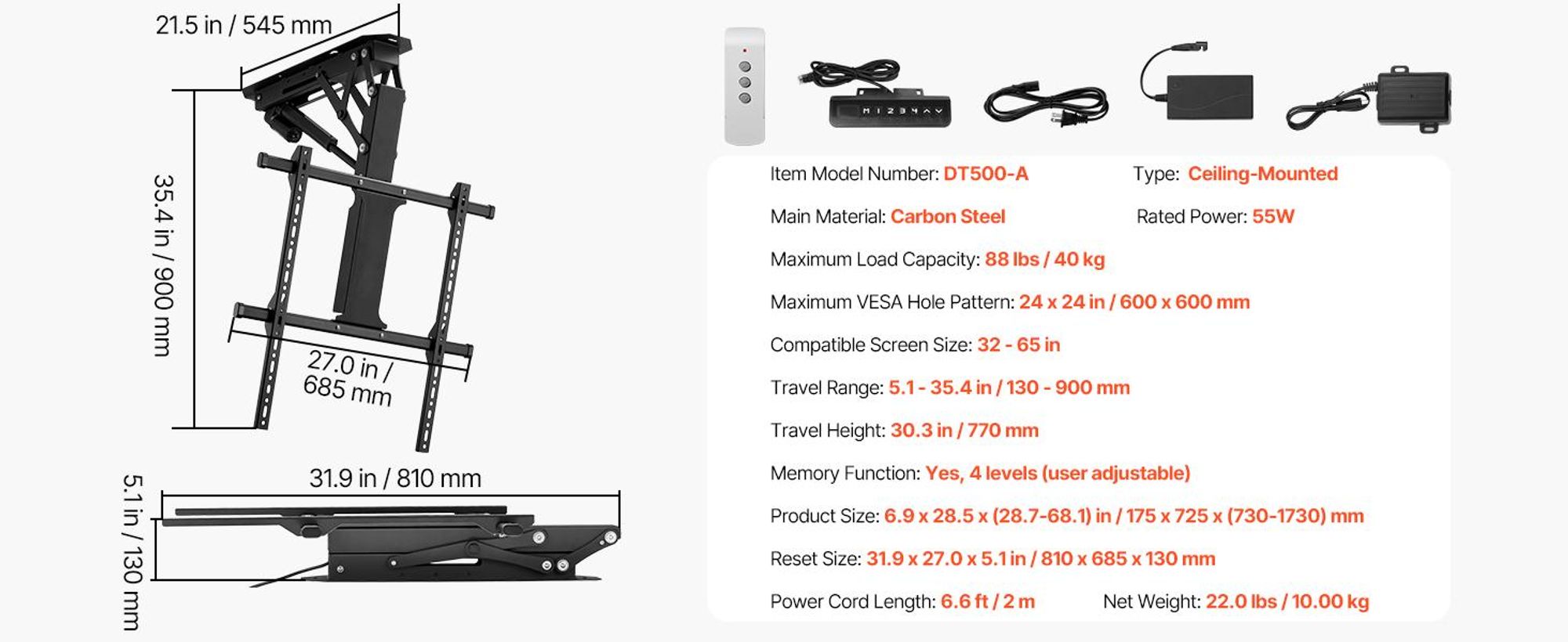 VEVOR Motorisierte Decken-TV-Halterung, TV-Wandhalterung für 32 bis 55 Zoll Fernseher, Elektrisch verstellbare Decken-TV-Halterung, Motorisierte Klapp-TV-Halterung mit maximalem VESA 24 x 16 Zoll, geeignet für Fernseher bis zu 120 lbs, Decken Typ-a, 40 kg
