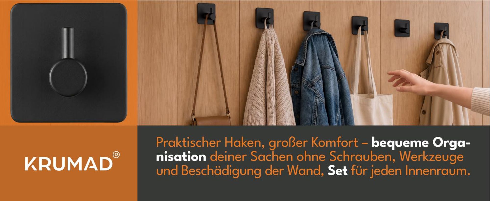 KRUMAD 6x Selbstklebende Haken Schwarz, Wandhaken ohne Bohren, Klebehaken für Bad Küche Flur Handtücher Kleidung