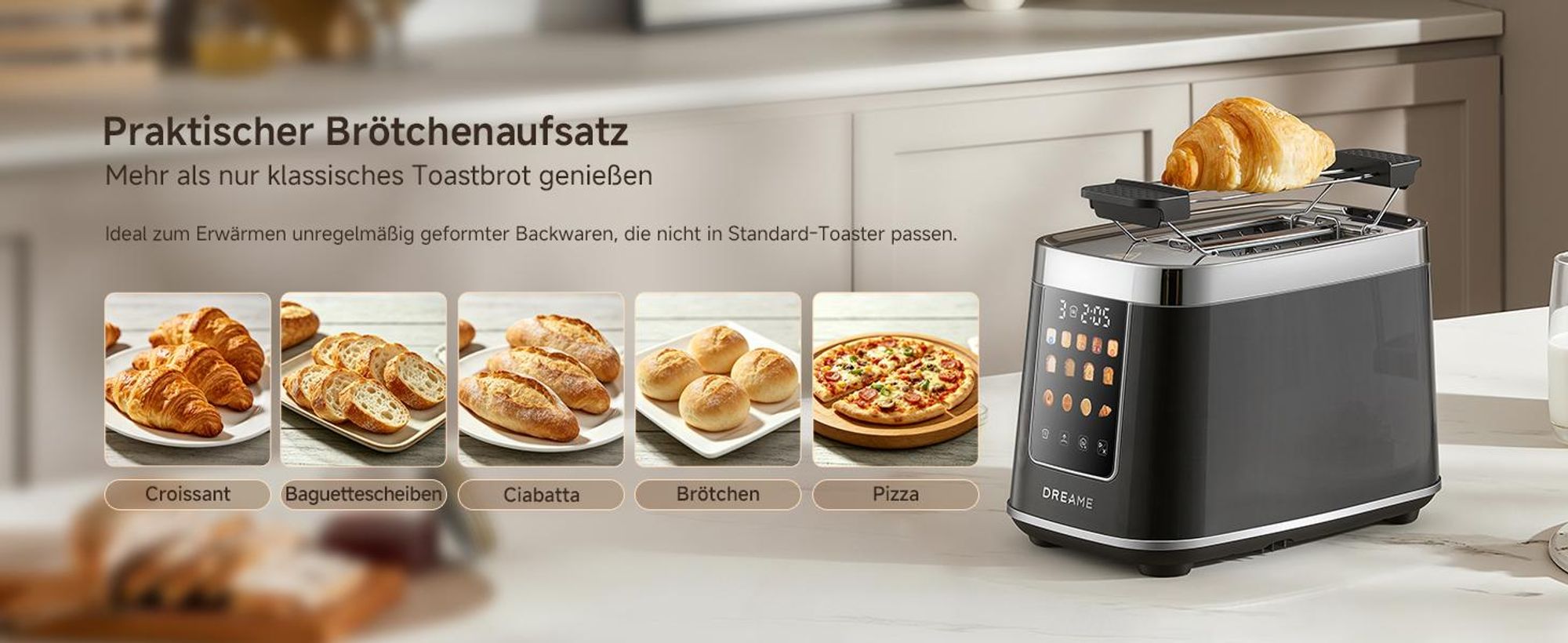Dreame Smart Toaster 2 Scheiben,5,3-Zoll-IMD-Touchscreen,Motorisiertes Auto-Lift-Design,8 Brotprogramme&6 Bräunungsstufen,3 praktische Funktionen