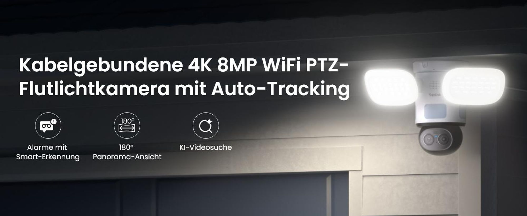 Reolink TrackFlex Floodlight WiFi, 4K WLAN Kabelgebundene Flutlicht-Außenüberwachungskamera, 360° Auto-Tracking, KI-Videosuche ohne Abo, KI Erkennung