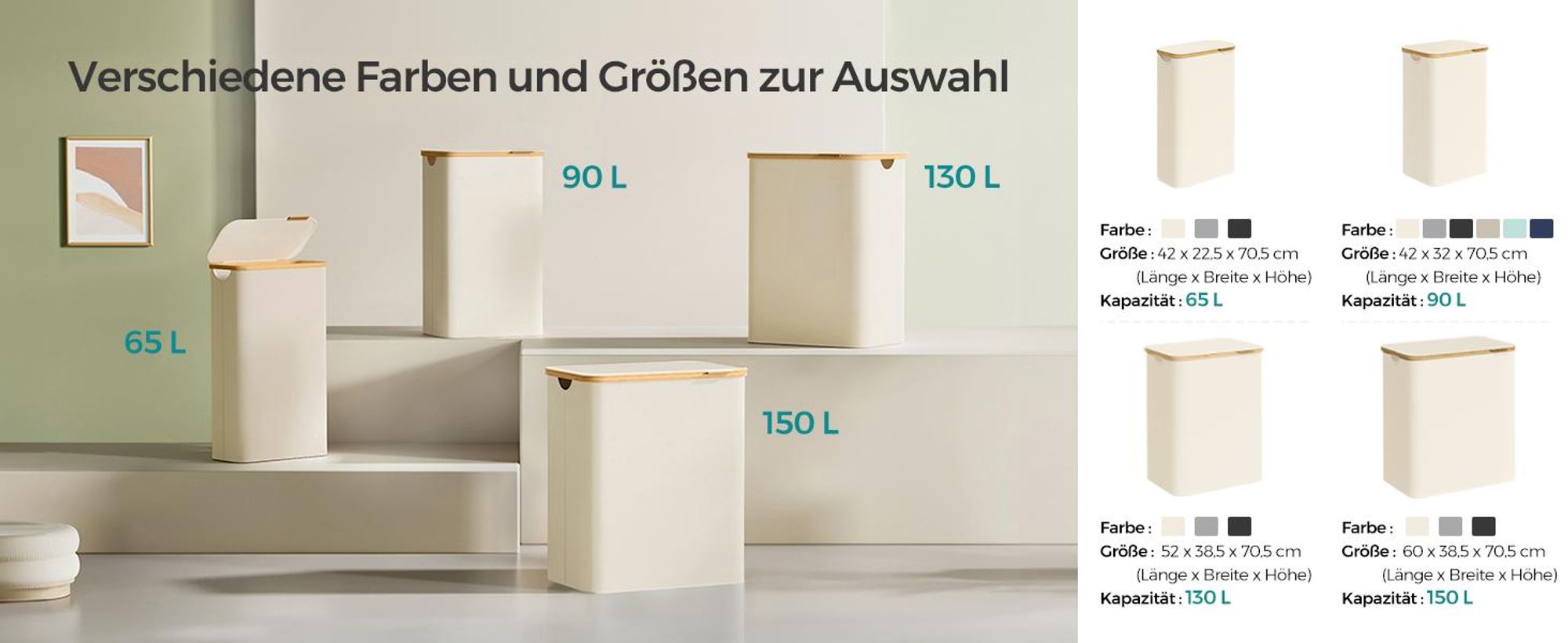 SONGMICS Wäschekorb mit Deckel, 130 L, herausnehmbarer Wäschesack,Griffe aus Bambus
