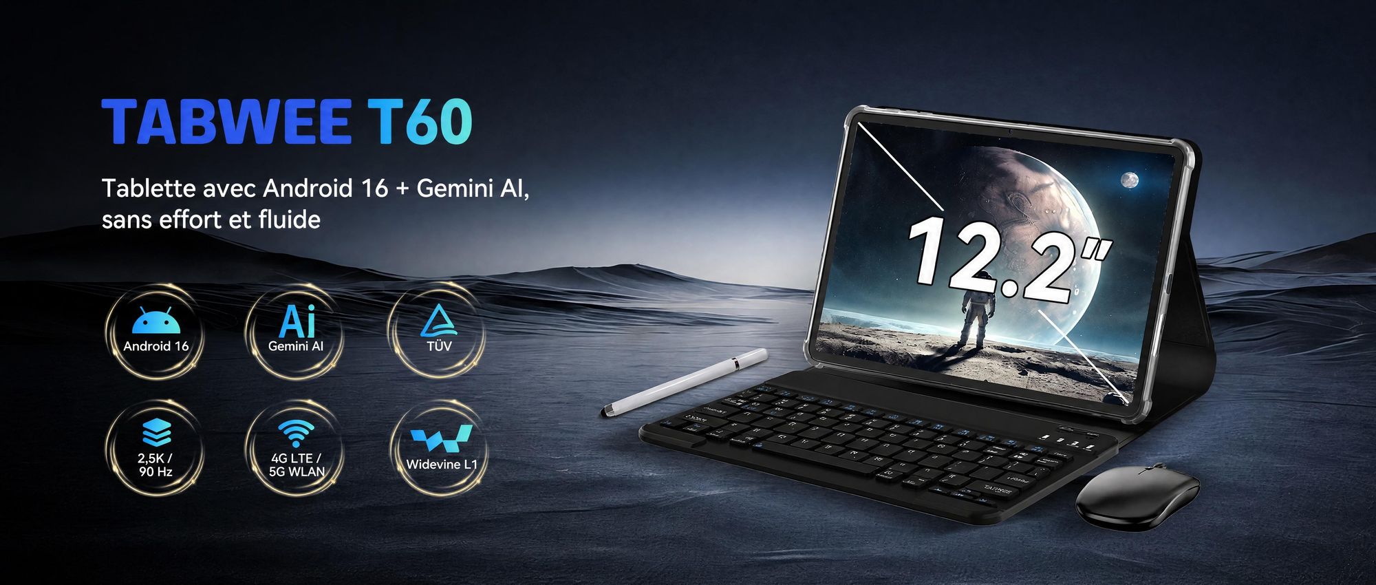 Tablette Android 16 T60, écran de 12,2 pouces avec résolution 2,5K, 48 Go de RAM + 256 Go de stockage interne (extensible jusqu'à 2 To via carte TF), processeur Octa-Core, batterie de 10 000 mAh et intelligence artificielle Gemini