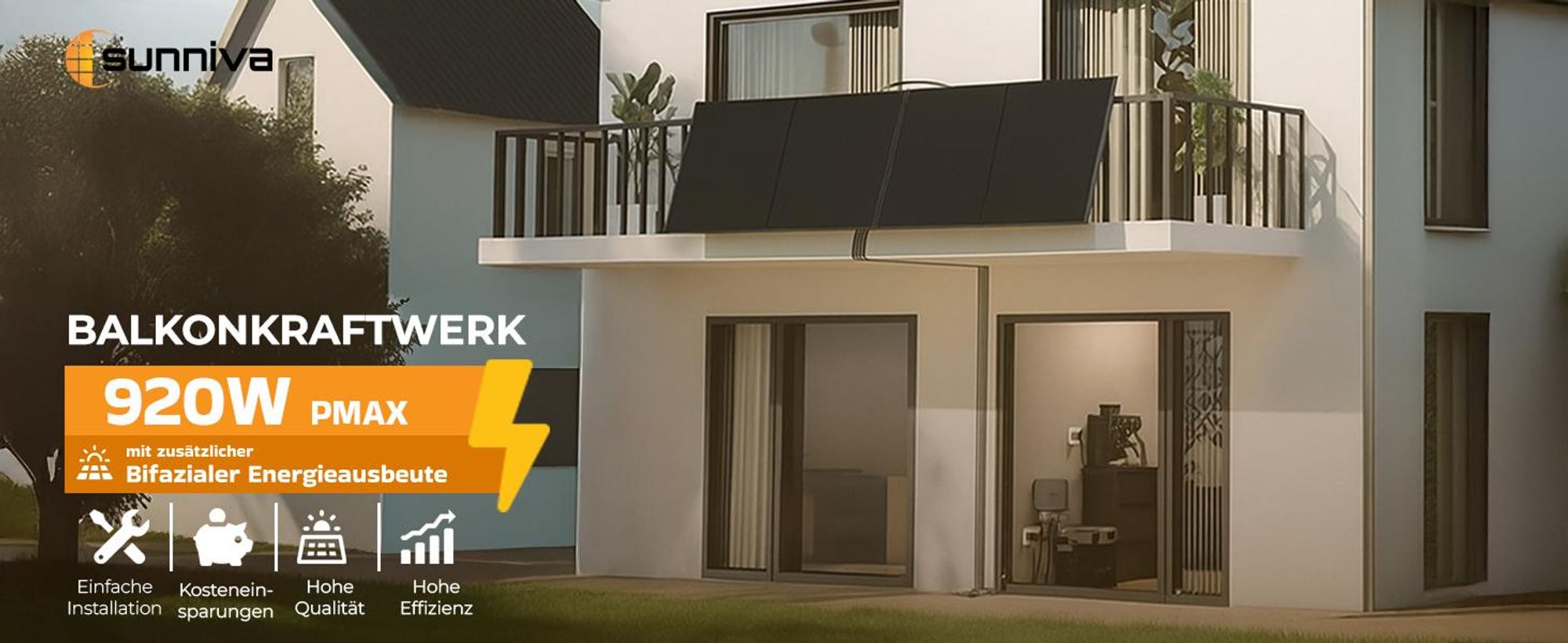 SUNNIVA 920W Balkonkraftwerk BIFAZIAL FULLBLACK komplett Steckdose AP Systems EZ1-M 800W Wechselrichter, Solaranlage 2x460W Glas Solarmodule,5m Kabel