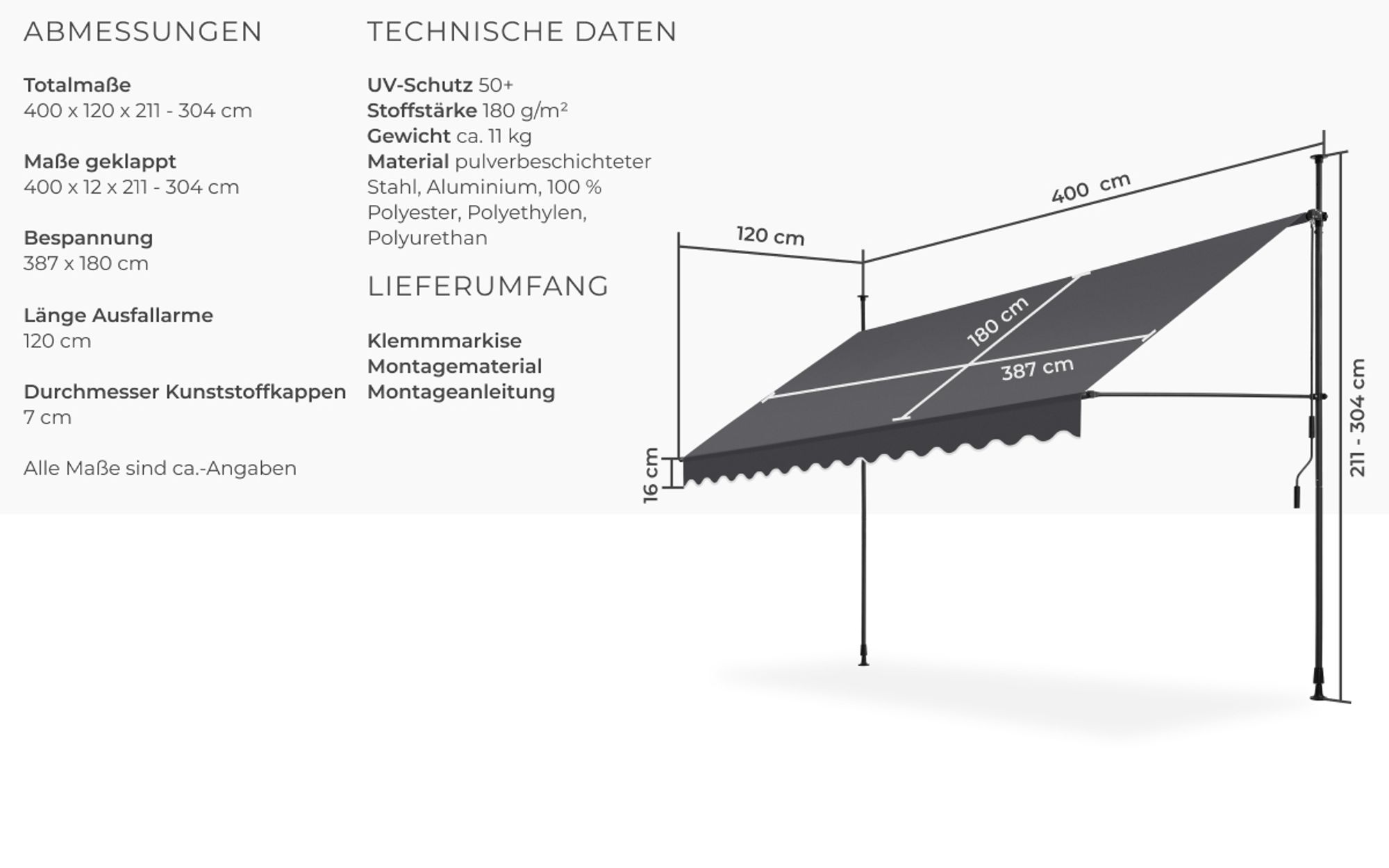 tectake® Klemmmarkise mit Handkurbel einfache Montage