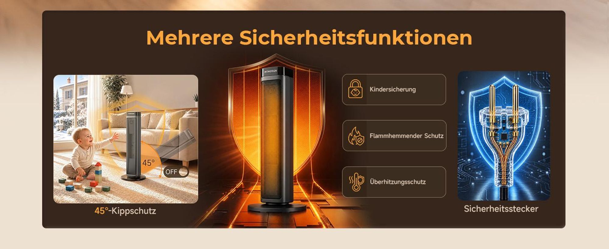 WOWDSGN Keramik-Heizlüfter leise 34dB, energiesparend, 2000W PTC Turm-Heizgebläse, Thermostat, ECO-Modus, Oszillation, Fernbedienung, Schwarz