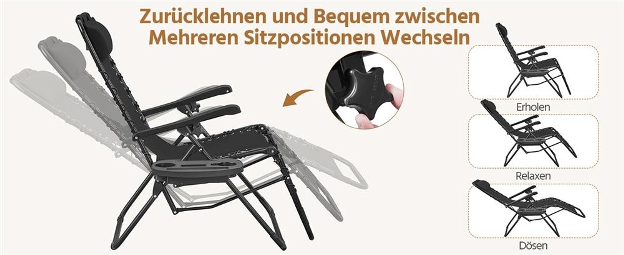Yaheetech 3-tlg. Liegestuhl Set, inkl. 1 Beistelltisch & 2 klappbare Gartenliegen, mit Nackenkissen & Becherhalter & verstellbarer Rückenlehne