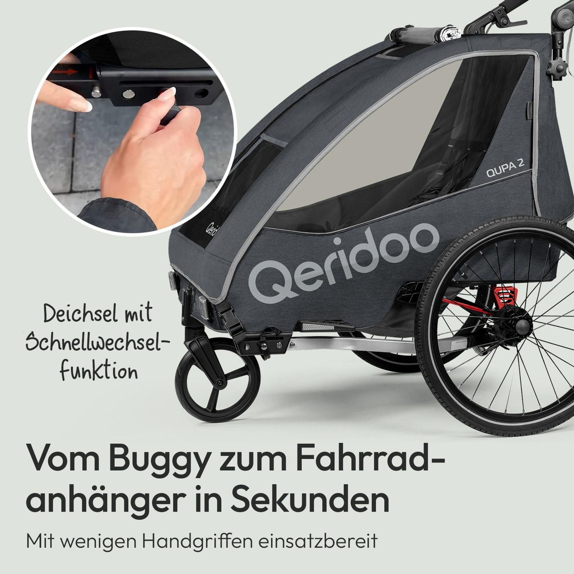 Qeridoo QUPA 2 - Kinderfahrradanhänger für 2 Kinder, Farbe: Grey