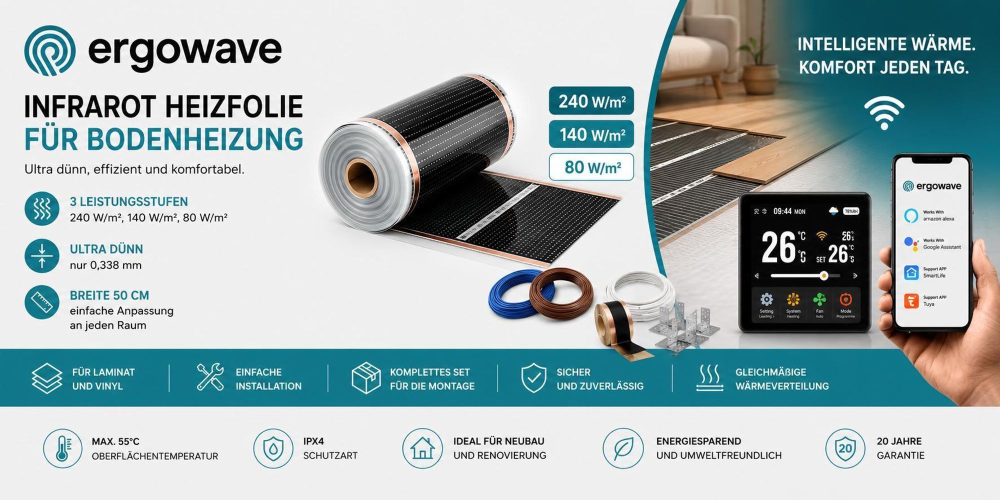 Infrarot-Heizfolie mit einer Leistung von 140 W, inklusive WLAN-Thermostat