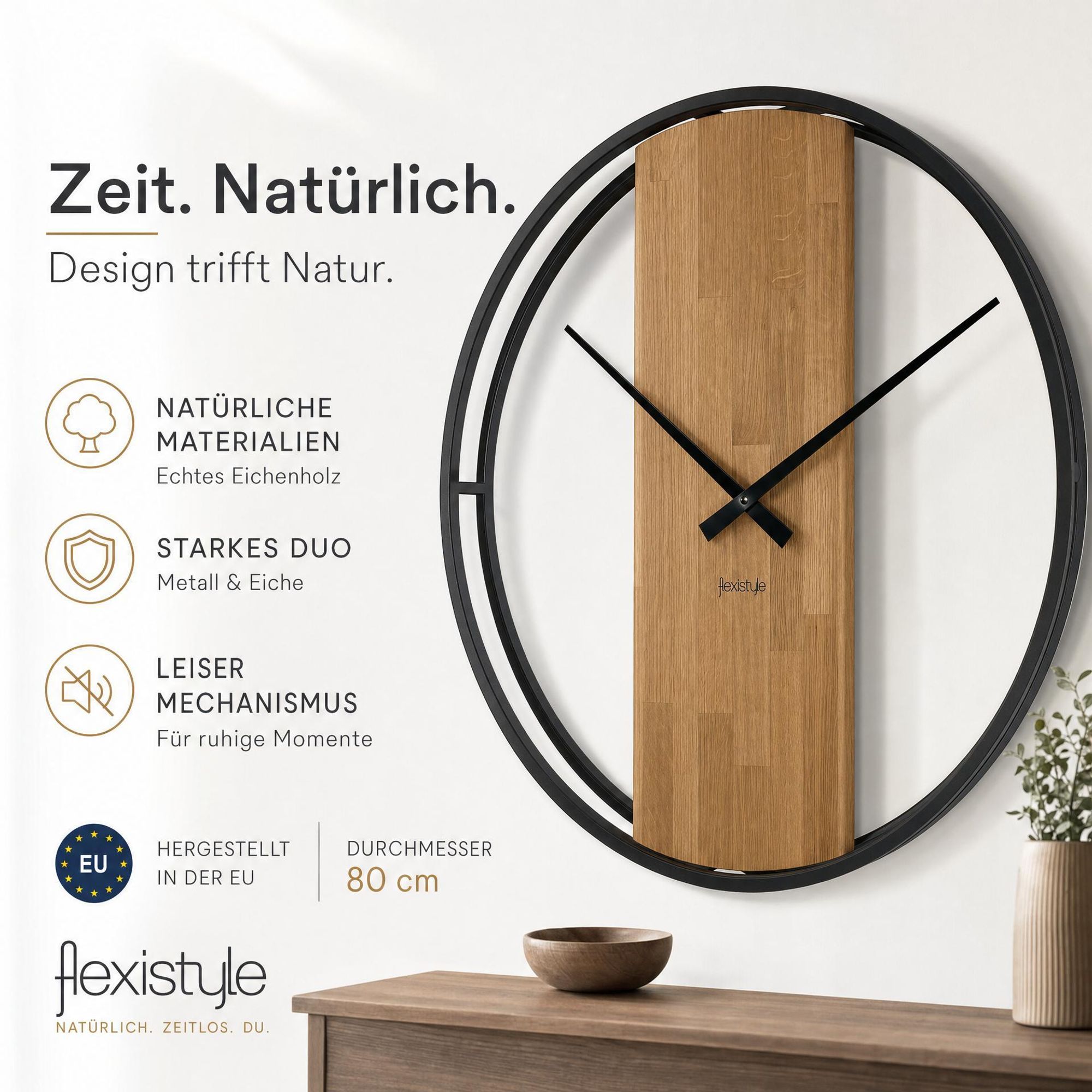 Rund aus Holz Eichenuhr LOFT OVAL Metall 3d 80cm