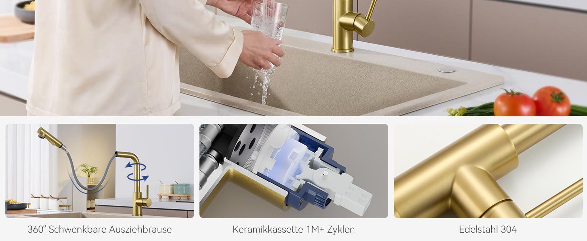 Spültischarmatur Ausziehbar L-Form, Cecipa Wasserhahn Küche, 304 Edelstahl Küchenarmatur, 2 Strahlarten, 360° Drehbar, Hochdruck, Gebürstet Gold