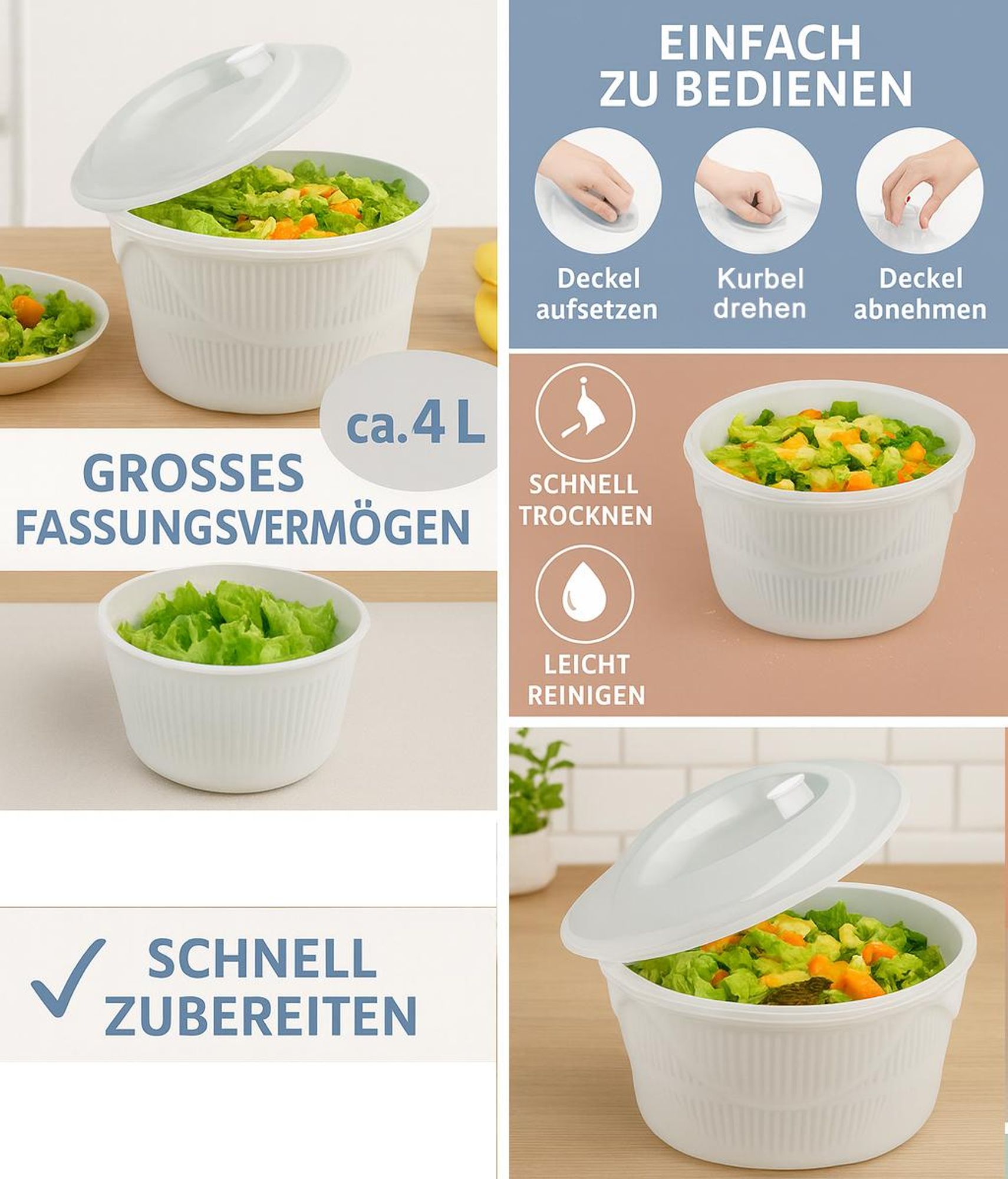Salatschleuder mit Kurbel 4,5L – BPA-frei, mit Deckel & Sieb – trocknet Salat, Gemüse & Obst – aus hochwertigem Kunststoff, spülmaschinengeeignet