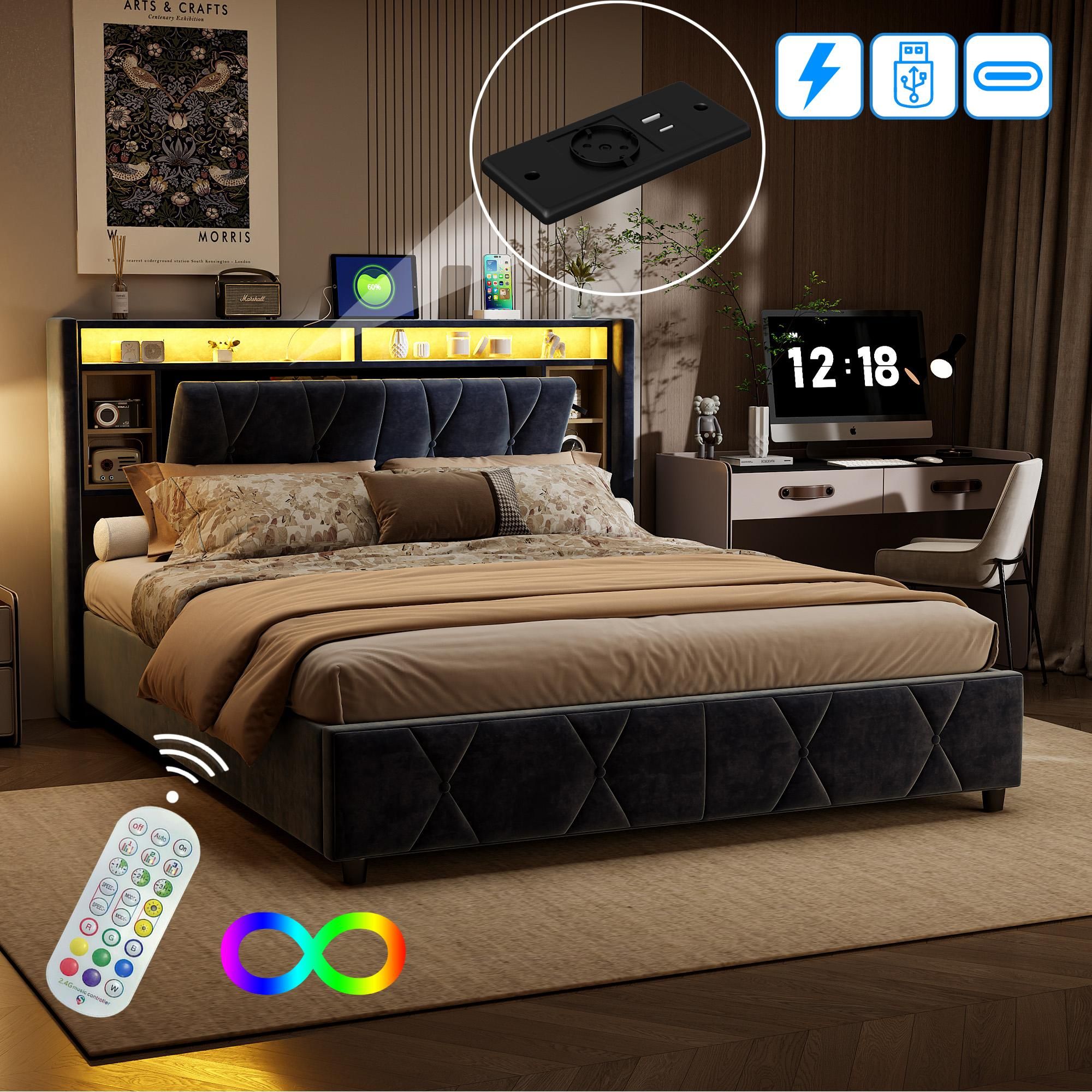 Fortuna Lai Polsterbett 140x200cm mit USB und type-C, Jugendbett Doppelbett mit Lattenrost und Stauraum, Stauraumbett mit LED, Samt, Grau