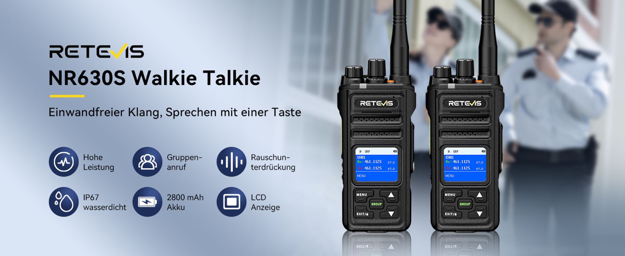 Retevis NR630S Funkgerät Großer Reichweite, Wasserdichtes IP67, Verbesserte KI-Rauschunterdrückung, 2800mAh, LCD-Bildschirm, Walkie Talkie für Gruppen